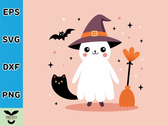 Cute Ghost with Witch Hat: A Charming Graphics Asset