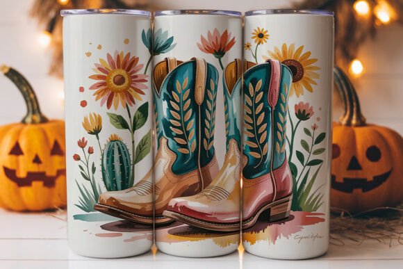 Teal Cowboy Boots Flowers Tumbler Graphics